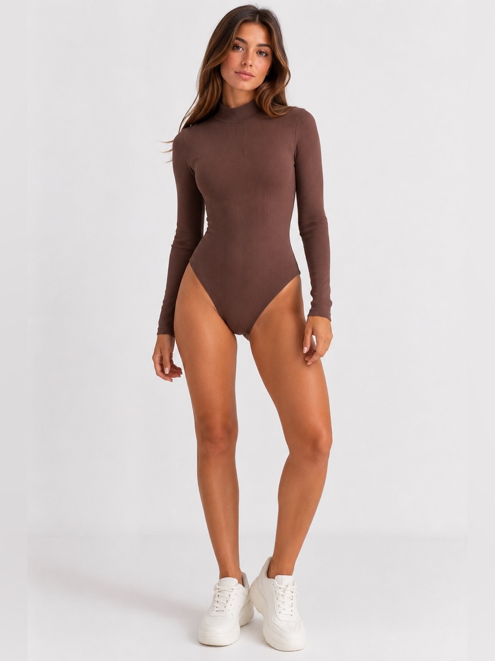 SHEIN Brown Ribbed Snap Bodysuit | Women’s XS | Long Sleeve Mock Neck One-Piece